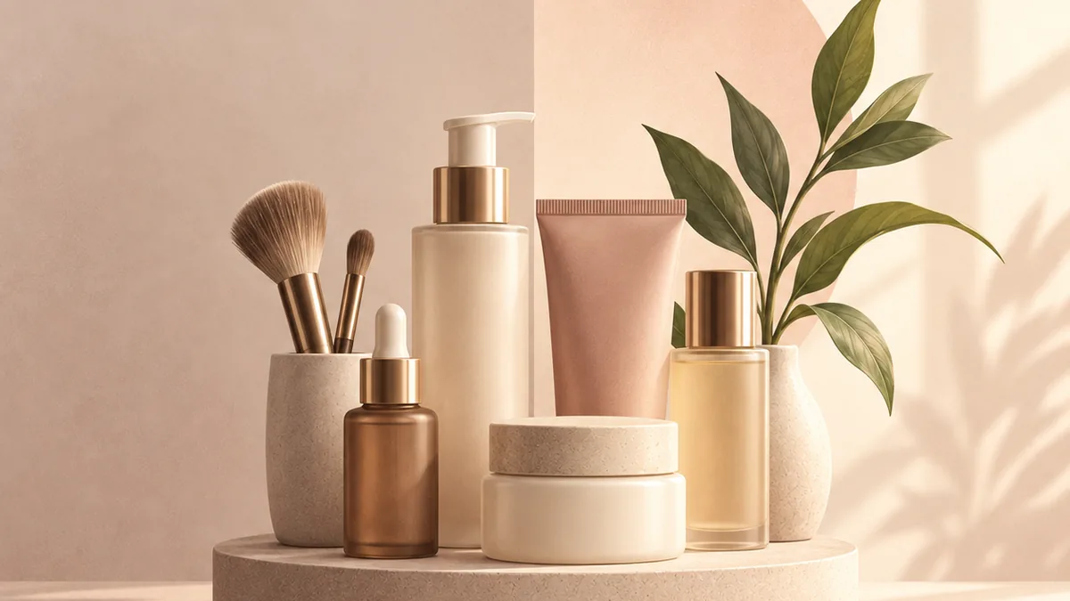 Warm still life of skincare and beauty products in soft morning light, symbolising a beauty business and new product growth.
