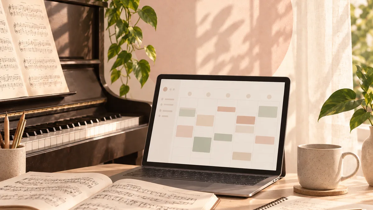 Warm workspace with a piano, sheet music, laptop calendar, notebook and tea, symbolising building systems around creative work.
