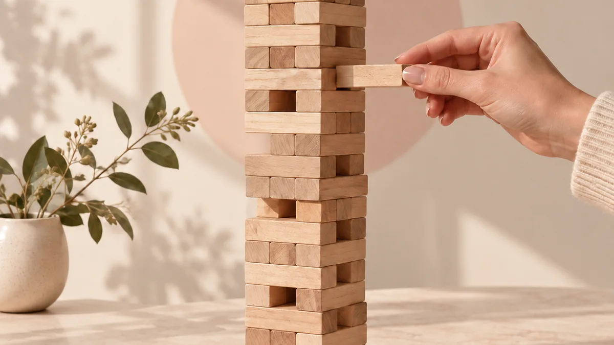 Warm sunlit image of a Jenga tower with one piece being carefully moved, symbolising a precise strategic adjustment.