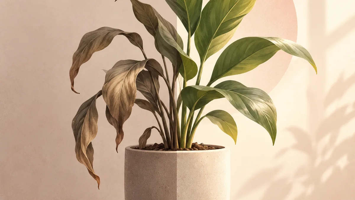 Half-wilted and half-thriving plant in warm light, symbolising recovery from burnout and renewed vitality.