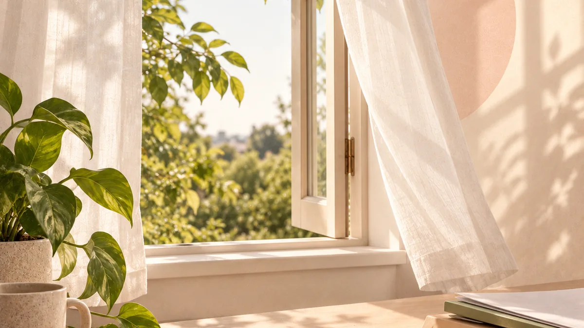 Open window, sunlight, notebook and plant, symbolising space, fresh perspective and room to move forward.